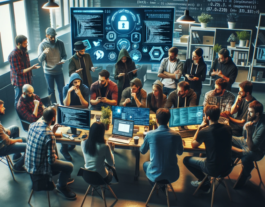 DALL·E 2023-11-10 19.36.10 - Create an image of a diverse group of hackers gathered together, sharing knowledge and working collaboratively. The scene should depict a community at